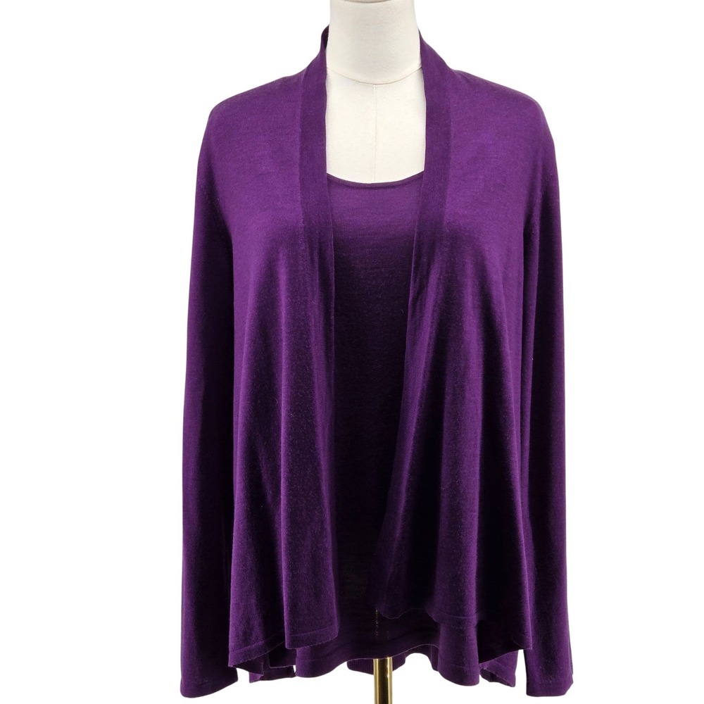 Eileen Fisher Sweater Cardigan Womens M Purple 100% Merino Wool Open Lightweight